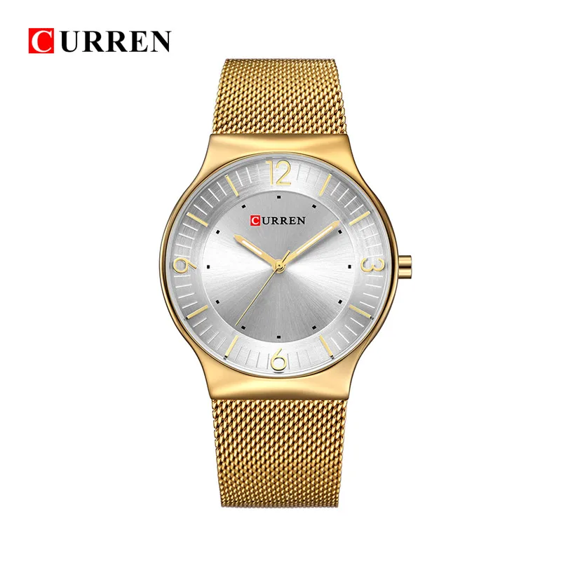 Gold White Curren Мужские ультра тонкие кварцевые часы Роскошные мужские сетчатые ремешок повседневные спортивные водонепроницаемые наручные часы Мужские часы Relogio Masculino - Цвет: Gold White