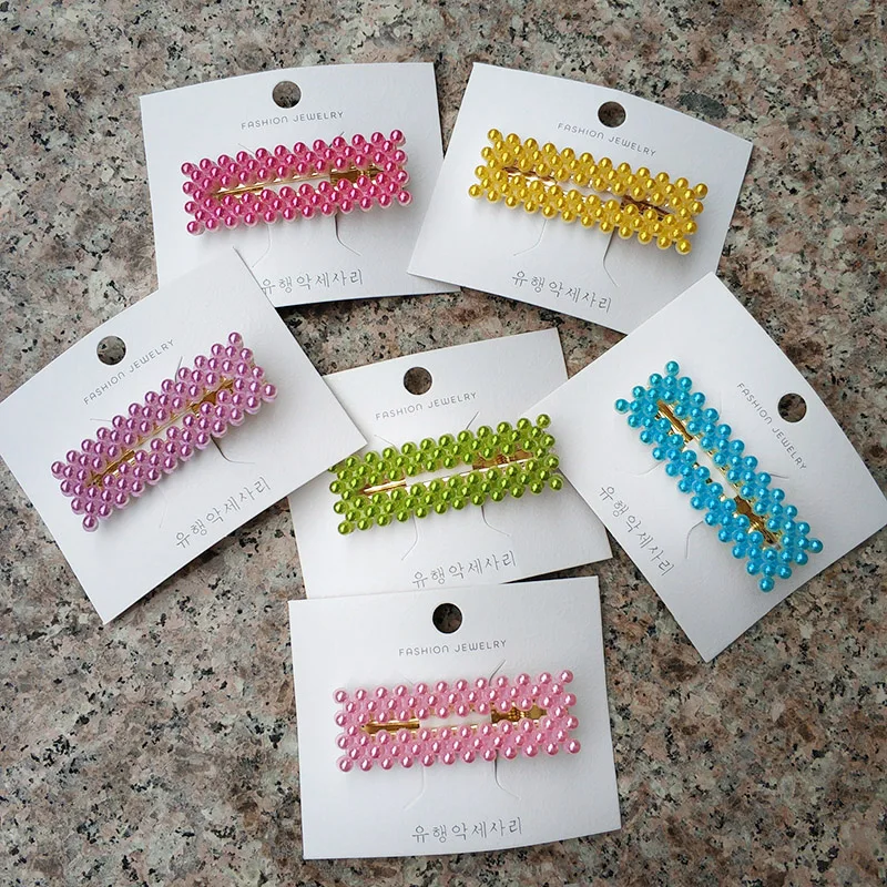 Клипсы для волос женщин и девочек в корейском стиле из металлического сплава с радужными цветами, имитацией жемчуга и вырезами геометрических фигур.
