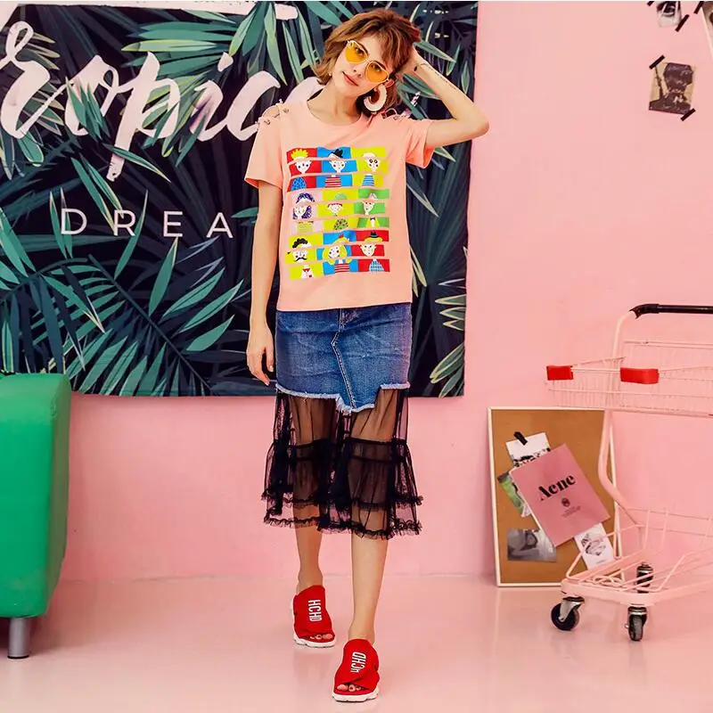 2018 Весенняя мода из лоскутов джинсовые юбки женские линии середины икры Юбка с