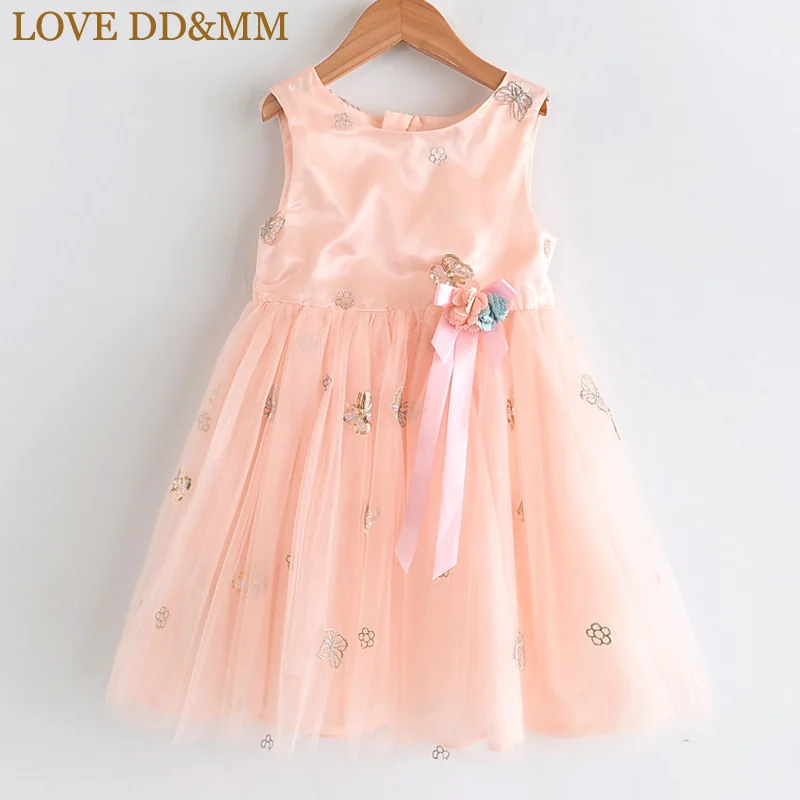 Pink Платья для девочек с надписью «LOVE DD& MM» г. Новая летняя детская одежда милое Сетчатое платье принцессы с вышитыми бабочками и блестками и цветами для девочек - Color: Pink