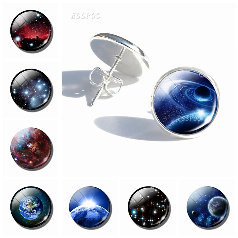 

Universe Nebula Galaxy Charm Stud Earrings Trinket Glass Cabochon Jewelry Gifts Earth Moon Stars Planet Earings for Women