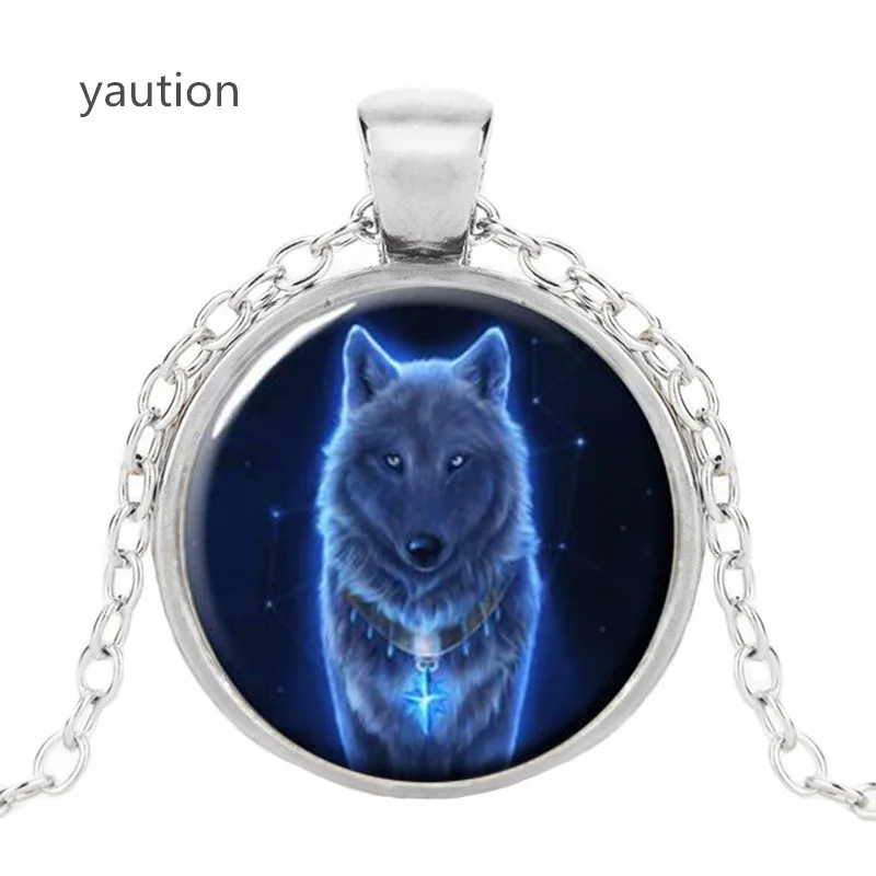 Vintage Glowing Wolf Cabochon Tibetan silver Glass Chain Unisex Pendant Necklace | Украшения и аксессуары