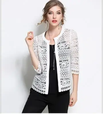 White Женская куртка с рукавом 3/4 размера плюс 5XL, новинка, весна-лето, тонкое кружевное пальто с вырезом, сексуальные белые и черные повседневные куртки, топы C7D206A - Цвет: White