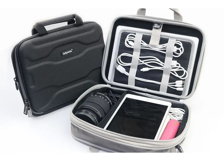 IKSNAIL Capacity Expansion Electronics Travel Camera Lens Storage Bag For USB Cable Charging Cord Accessories For IPad Mini/ Pro