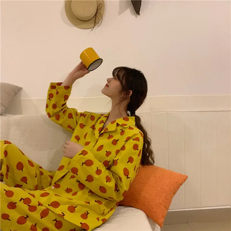 Hrizip Korean Women 2019 Spring Autumn Pajamas Sets Print Sweet Soft Loungewear Sleepwear Nightgown Women's Sleep | Женская одежда