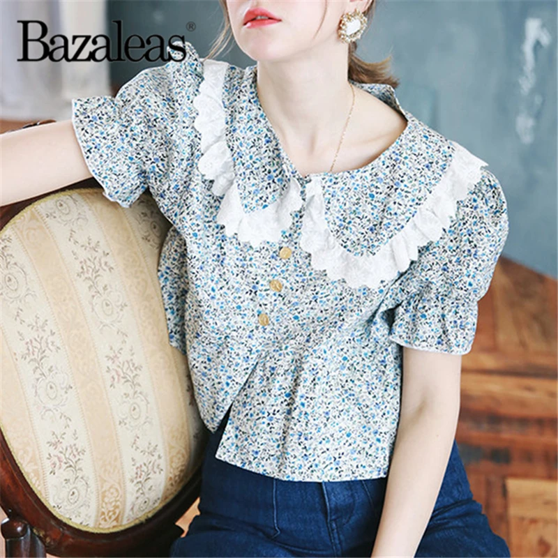 Укороченная блузка Bazaleas с голубым цветочным принтом винтажные кружевные женские