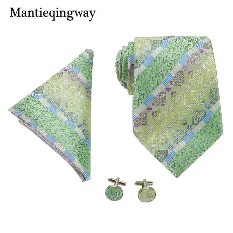 Mantieqingway Мужской зеленый светильник, запонки, набор для свадьбы 8,5 см, полосатые корбаты, галстуки, запонки, носовой платок, набор для костюма