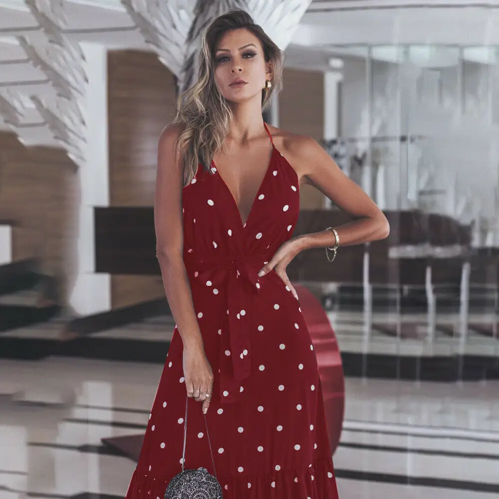 Женские вечерние платья в горошек черные красные или белые макси без рукавов с