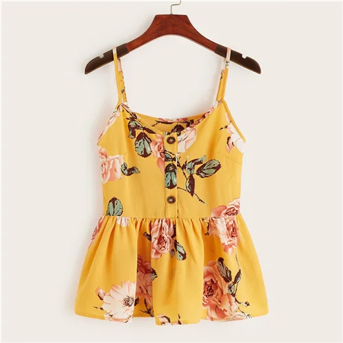 SHEIN многоцветный большой цветочный гофрированный подол Cami Top для женщин Лето кнопка спереди Регулируемый Спагетти ремень без рукавов Boho милые топы - Цвет: Цвет: желтый