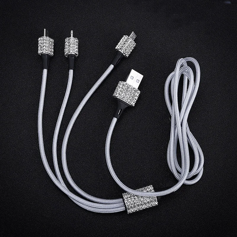 Dual USB Car Charger For Mobile Phone Tablet GPS Fast Charger Crystal Diamond Phone 3 Data Line Wire in Car Cigarette Lighter
