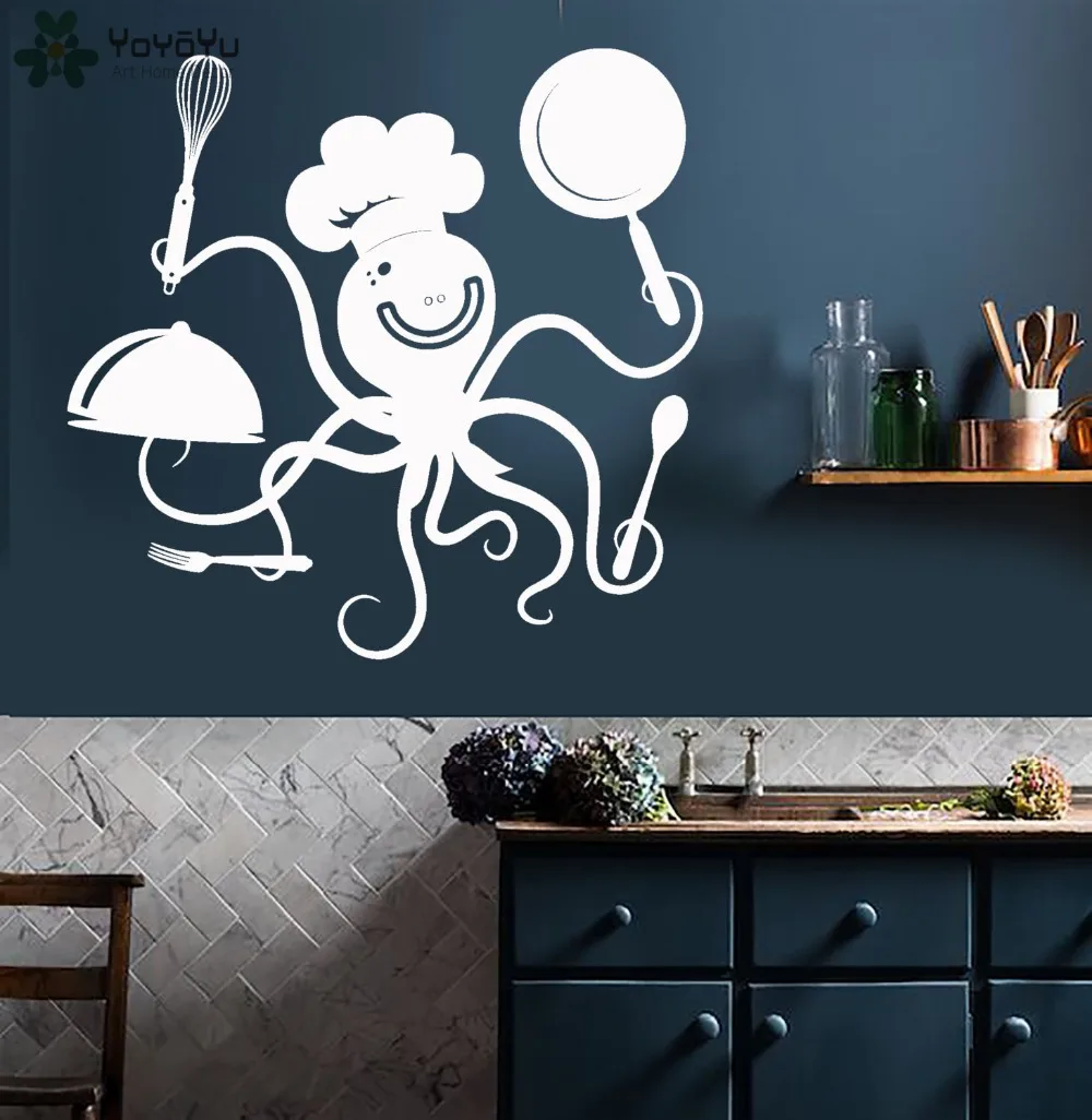 Kitchen Wall Decal Funny Octopus Chef With Pots And Pans Pattern Restaurant Vinyl Stickers Modern Design Animal Decor SY148 | Дом и сад