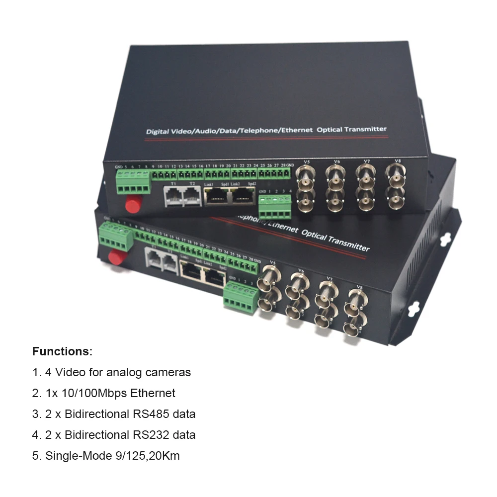 4 канала видео Ethernet RS485 422 передача данных через один волоконно-оптический