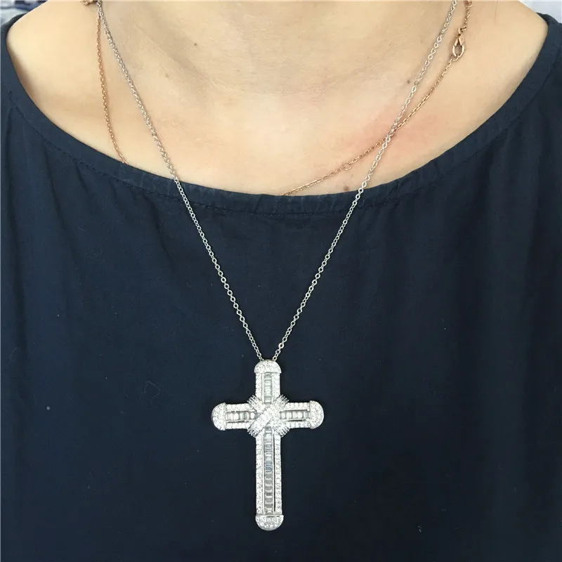 

Vecalon High quality Long Cross pendant 925 Sterling silver Cz Stone Wedding cross Pendant necklace for Women men Party Jewelry