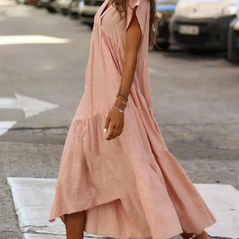 Женское пляжное повседневное однотонное длинное платье с V-образным вырезом