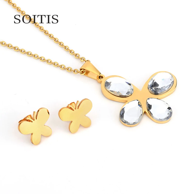 SOITIS Gold Color Stainless Steel 316L Butterfly Earrings Zircon Stone Pendant Necklace Sets 2019 Women Trendy Bridal Jewelry | Украшения и