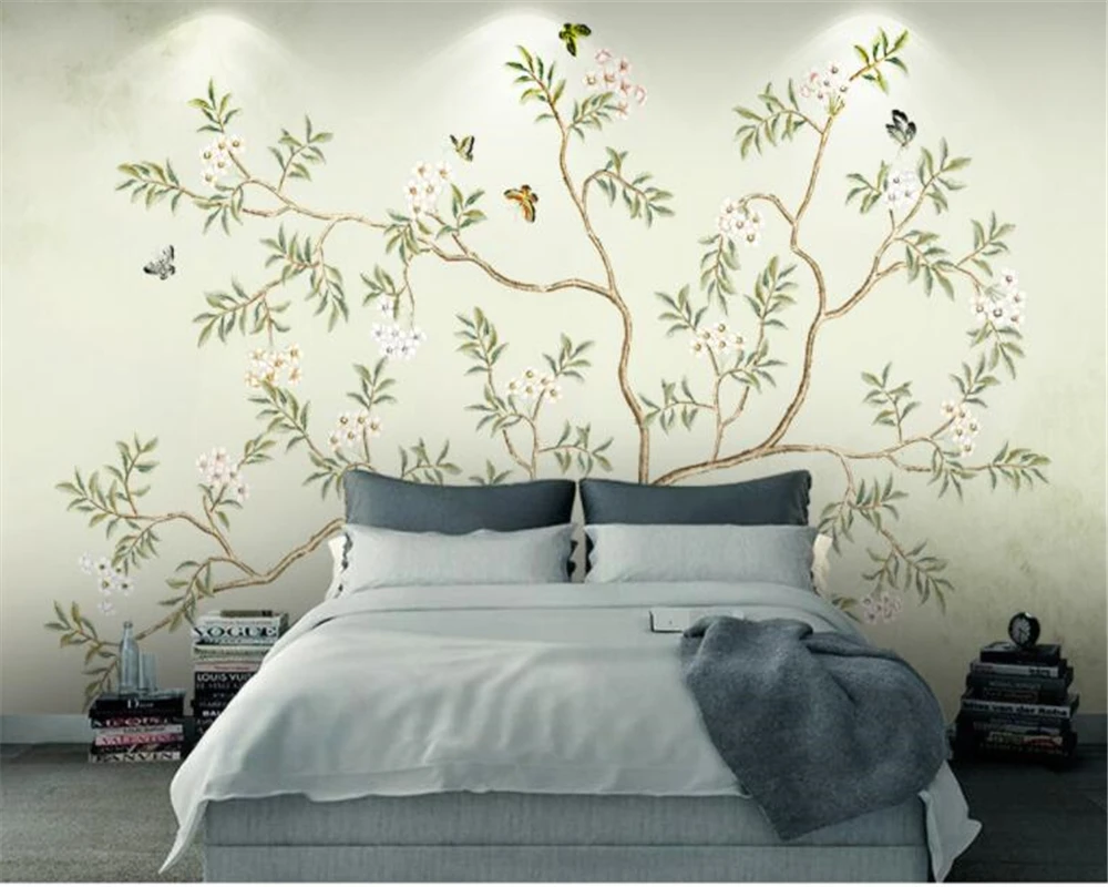 

Beibehang wallpaper 3d Hand painted flowers and birds Butterfly HD painting home background wall decoration 3D wallpaper tapety
