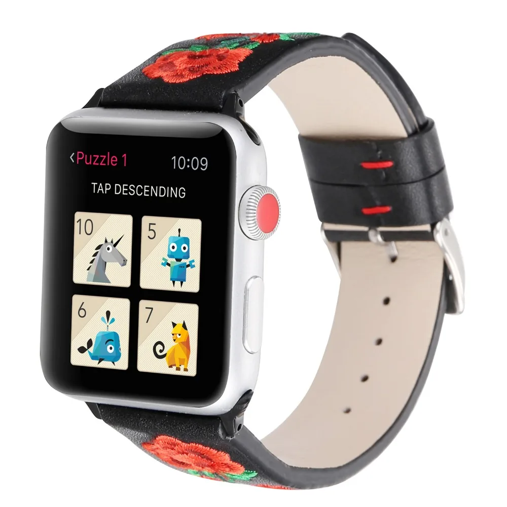 Ремешок с вышивкой розы для apple watch series 4 3 2 сменный Браслет из мягкой кожи iwatch