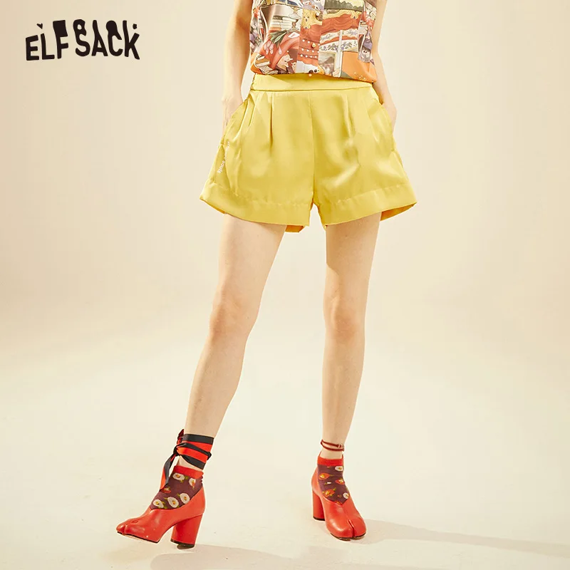 ELFSACK Solid Letter Print Women Casual Shorts Summer Fashion Hot Short Female Bottoms Gold Straight Mid Waist Shorts