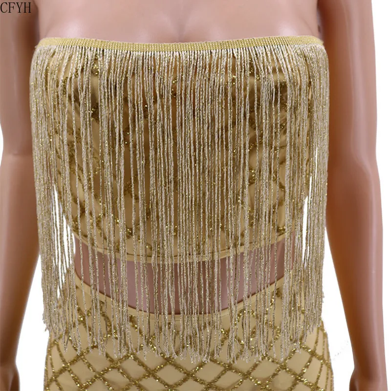 

Women Winter Strapless Sequined Geometric Tassel Top Mini Midi Skirts Gold Two Pieces Sets Bodycon Tracksuits Outfit