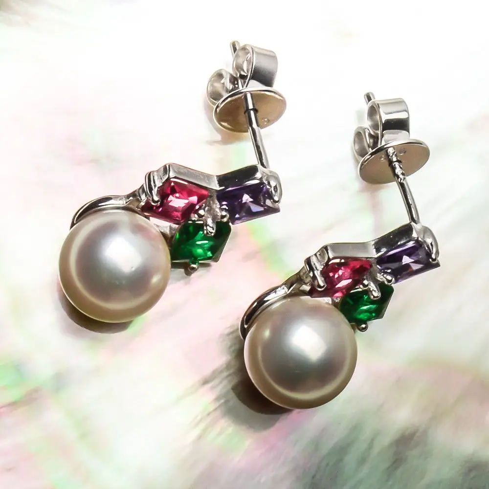 CHIN'S 7.5-8mm Cream Real Akoya Pearl Crystal Drop Earrings 925 Sterling Silver | Украшения и аксессуары