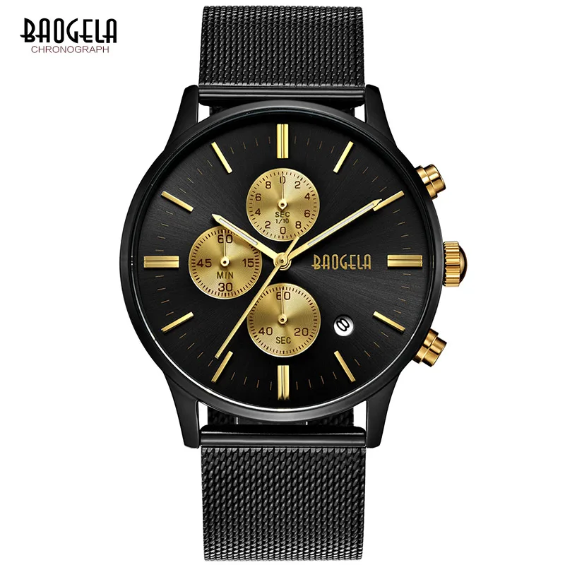 

BAOGELA Men's Classic Chronograph Quartz Watches Stainless Steel Milan Mesh Strap Dress Wristwatch for Man 1611-black-gold