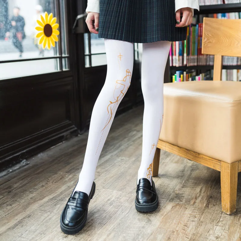 Style 1-White FENNASI Лолита милые колготки "кавай" Nylons леди сексуальные женские колготки с принтом бронзовые розовые черные колготки Косплей узоры - Цвет: Style 1-White