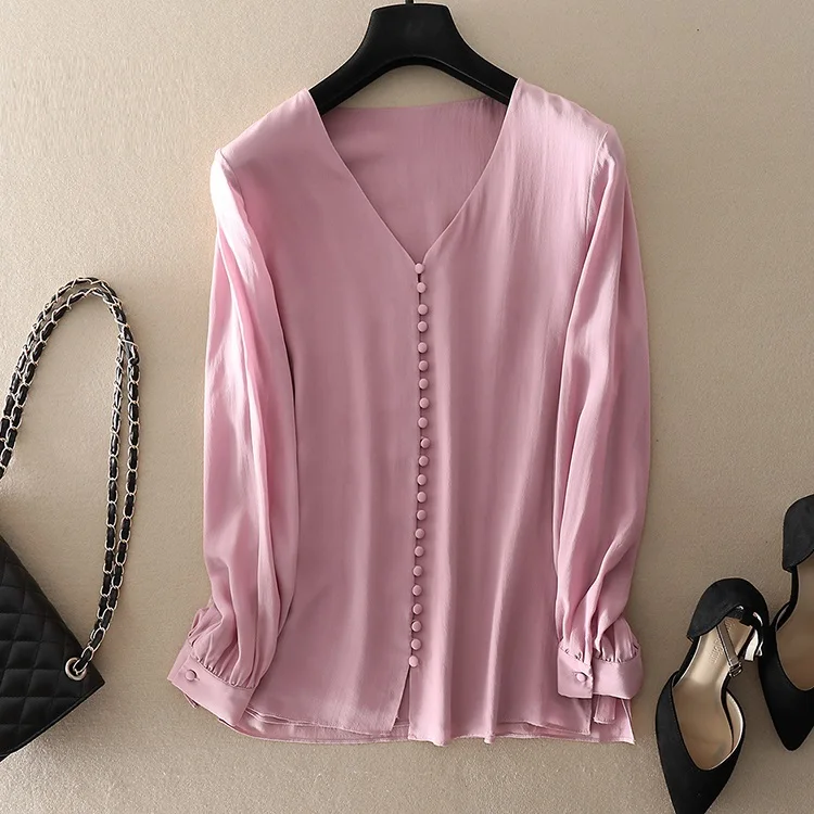 Blusas Feminino весна лето Модная розовая синяя блузка Женская туника с v-образным вырезом на пуговицах с длинным рукавом шелковая блузка рубашка женские топы