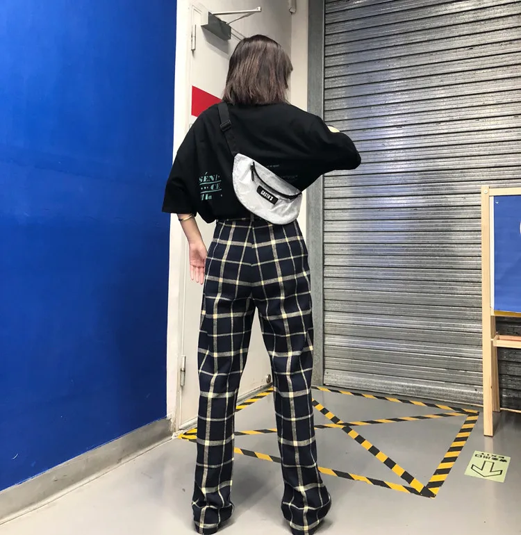 Woherb Harajuku, женские и мужские винтажные клетчатые брюки с принтом, брюки с эластичной талией, хип-хоп стиль, уличная одежда,, свободные прямые брюки