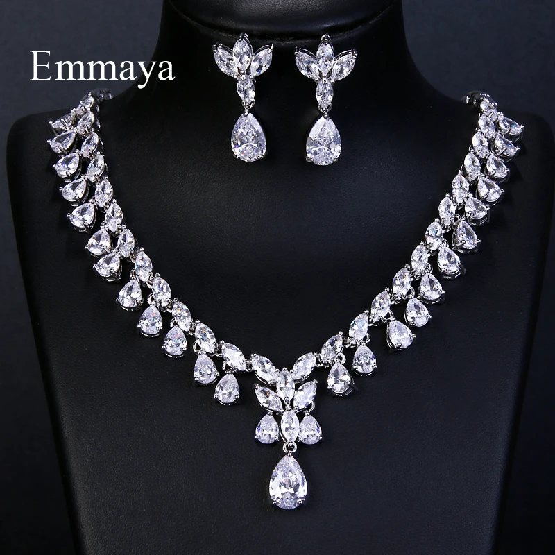 

Emmaya Luxury Sparking Brilliant Cubic Zircon Drop Earring Necklace Jewelry Set Wedding Bridal Dress Accessories Party