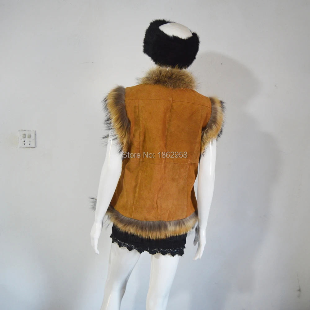 SJ185 Новая мода Свинья замша с мех енота/горячая Распродажа Модные женские Gilets