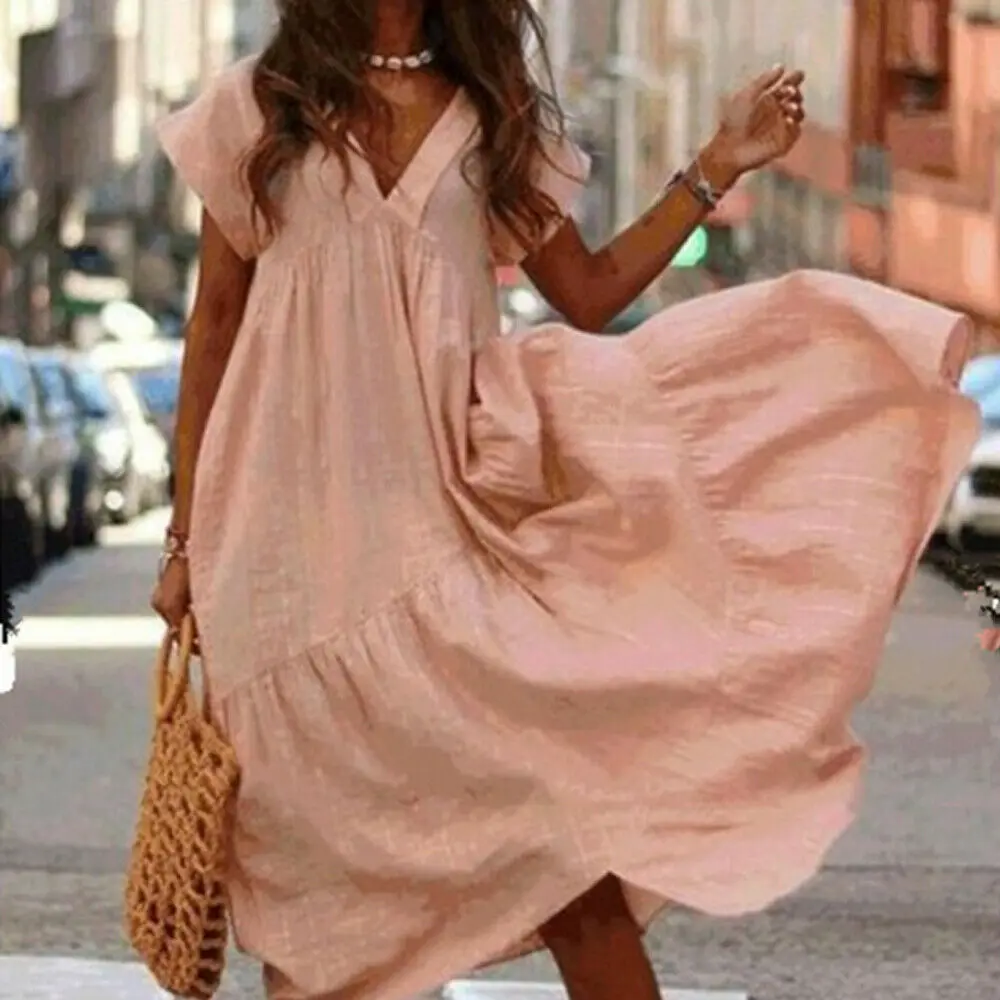 

Boho Women Summer Dress Holiday Pure Color Maxi Dress Short Sleeve V-neck Long Casual Loose Shirt Dress S-XL