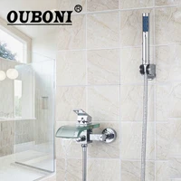 OUBONI Bathroom Bathtub Faucets Chrome Brass Handle Wall Mounted Waterfall Clear Glass Spout With Handheld Shower Tap Mixer Set