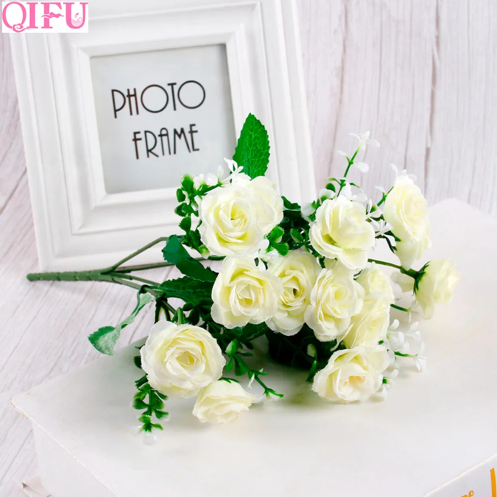 

QIFU 15 Heads Roses Artificial Flowers Flores Artificiales Silk Flowers Branches Garland Fake Flowers Bouquet Artificial Flowers