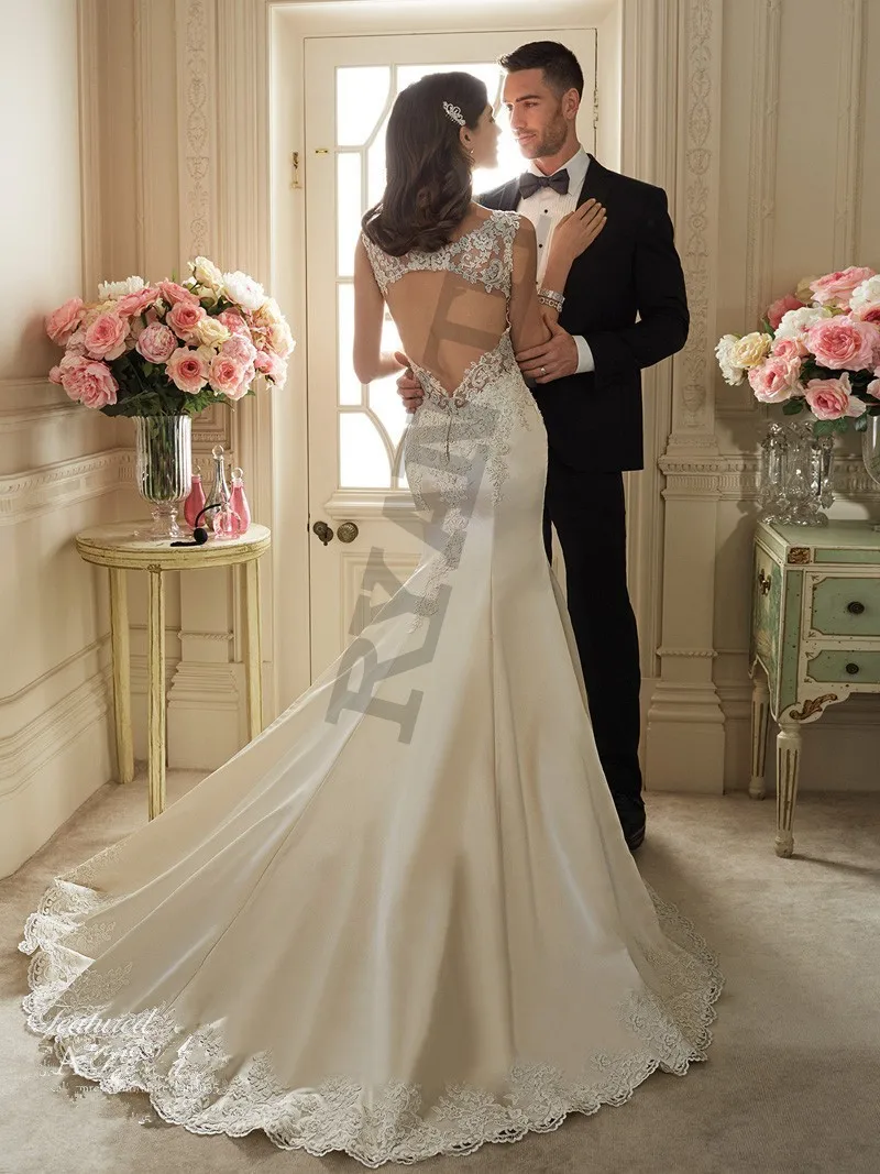 

Vestido de noiva Sexy V Neck Lace Satin Mermaid Wedding Dresses 2018 Cheap Vestidos de novia Open Back Robe De Mariage ZJ23
