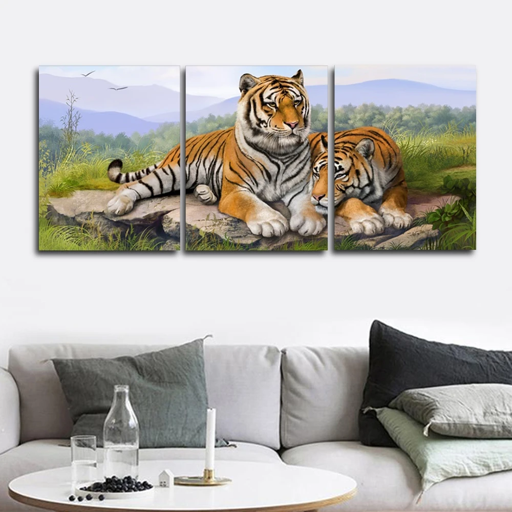 

Laeacco Canvas Calligraphy Painting 3 Panel Tiger Wild Animal Posters and Prints Vintage Wall Artworkwork Home Living Room Decor