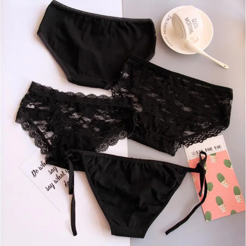 4pcs/ Lot Women Lace Panties Lady Sexy Briefs Underwear Black Lingerie Intimates for Female