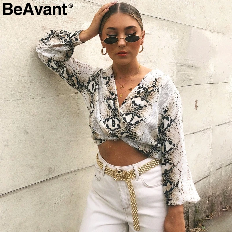 BeAvant V шеи Змея блузка кофта с принтом топы Повседневное блуза длинным рукавом