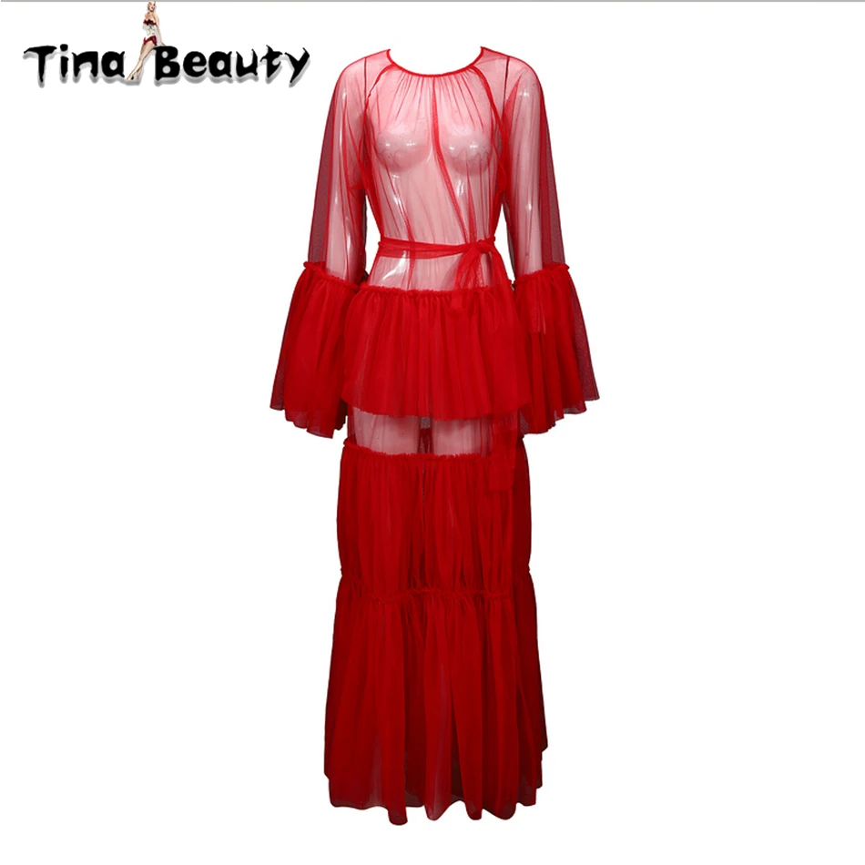 

Red Long Sleeve Long Dress 2019 New Wild Thing Sheer Mesh Long Ruffle High Slit Female Black Pink Dress For Party Night Club