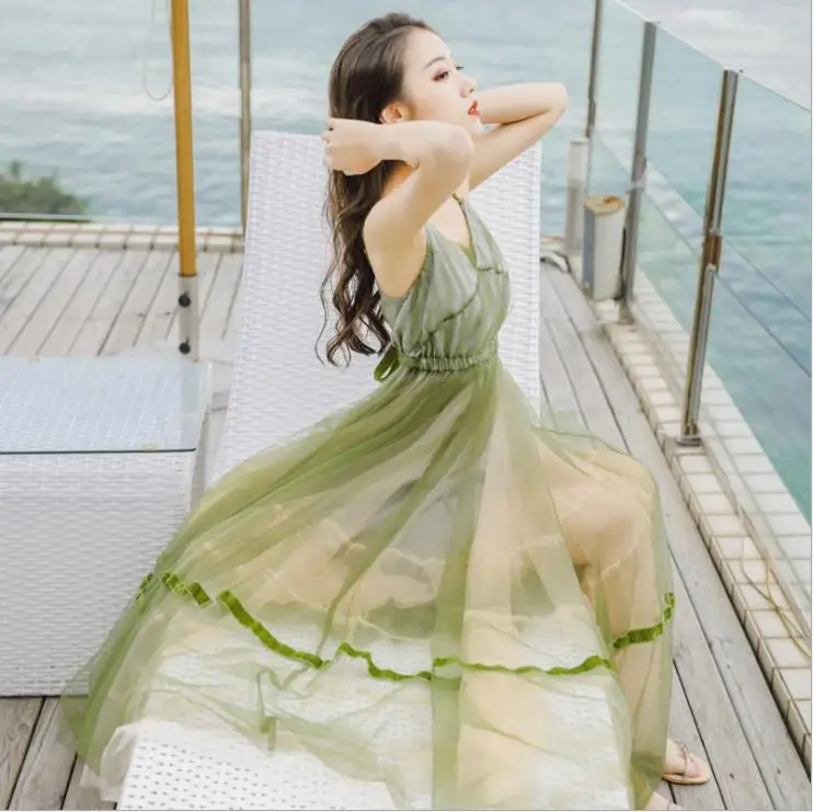 Сексуальное Сетчатое длинное платье на бретельках с V образным вырезом