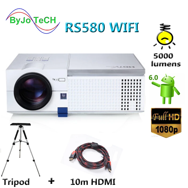 

Светодиодный проектор ByJoTeCH RS580, Wi-Fi, HD, 1080P, 5000 лм, Android 6,0, Bluetooth, 3D проектор, домашний кинотеатр со штативом 10 м HDMI