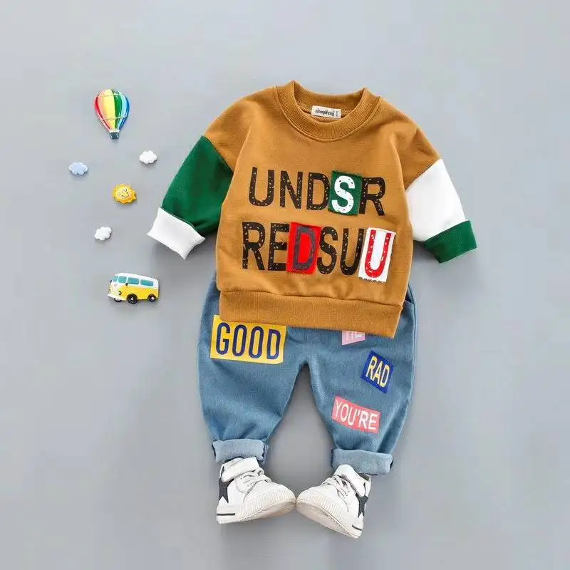 Brown not shoes Детские комплекты одежды с надписями для маленьких мальчиков и девочек Лидер продаж, брендовая модная одежда для мальчиков, разные цвета, Футболка с рукавами+ джинсы, верхняя одежда - Цвет: Brown not shoes