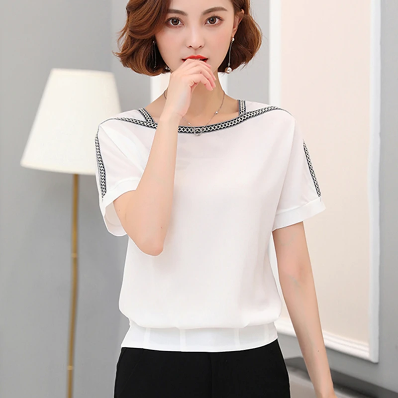 Женская блузка модная 2017 летняя шифоновая 3XL размера плюс с коротким рукавом