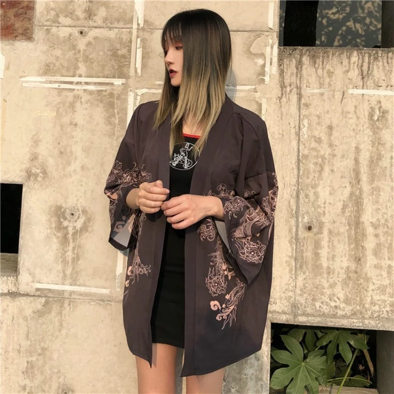 

Harajuku Japanese Embroidered Dragon Kimono Cardigan Summer New Arrival Sun Protection Women's Clothing Retro Blouse 236-088