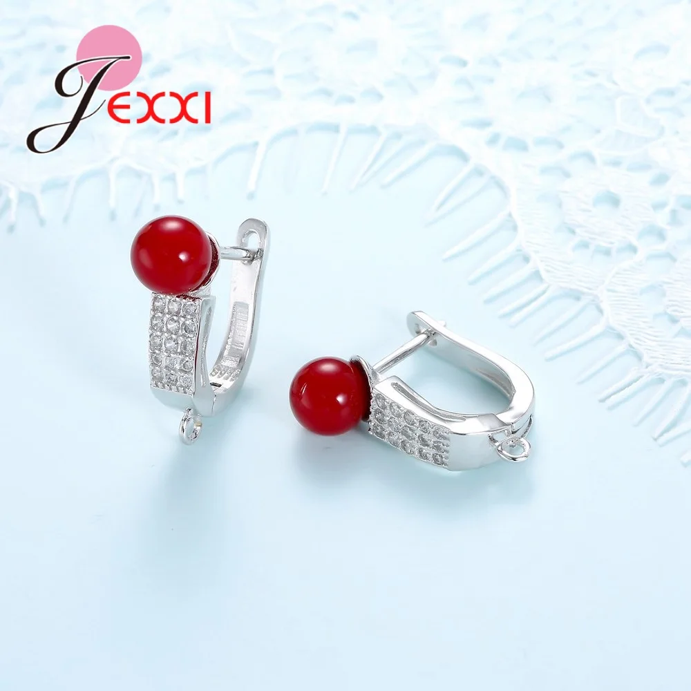 Серьги U-образные из серебра 925 пробы с красным шариком и белым кубическим