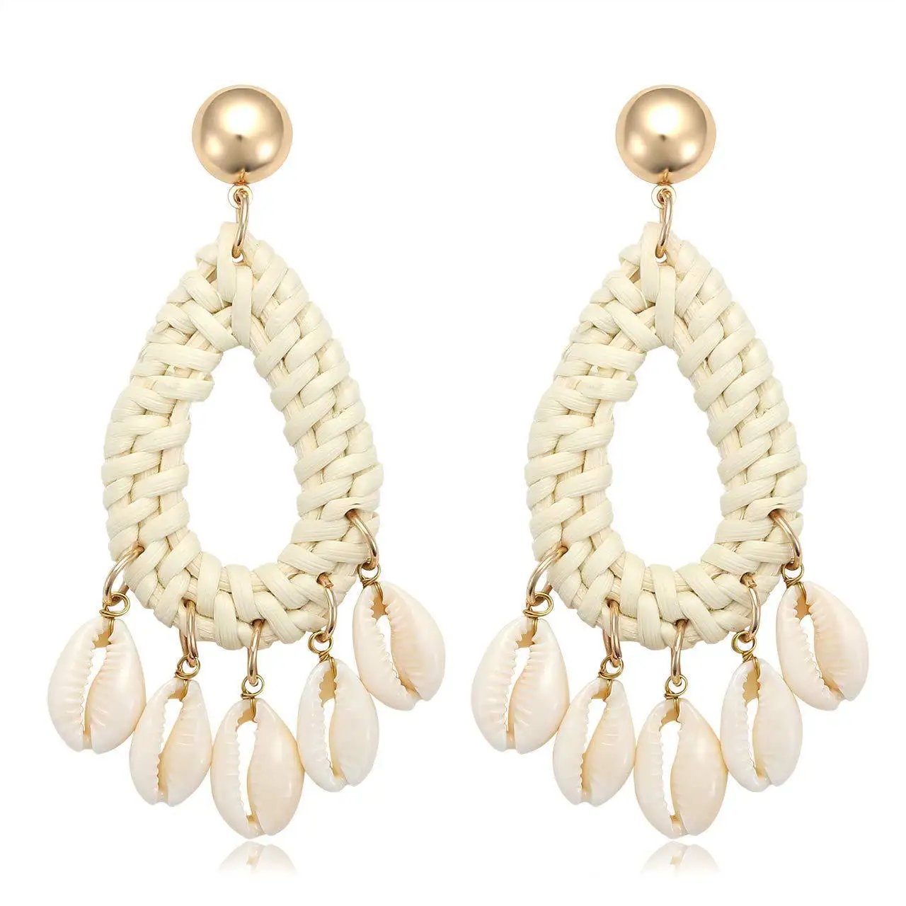 Bohemian Summer Earring Jewelry with Handmade Staw Weave Rattan Knit Sea Ocean Shell for Women Gift | Украшения и аксессуары