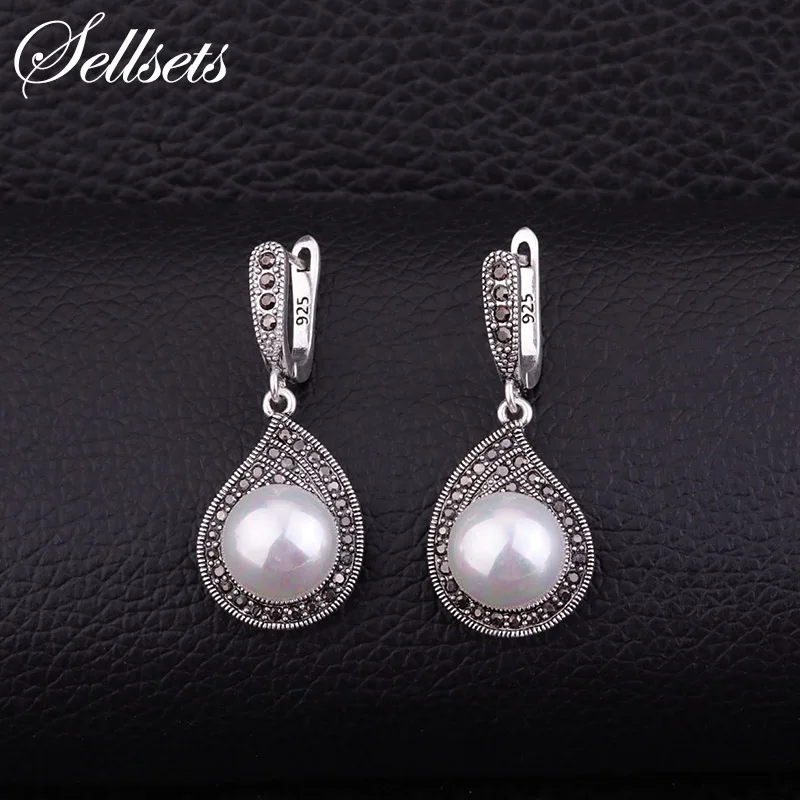 Винтажные серьги капельки серебряного цвета Sellsets полностью черные подвески с
