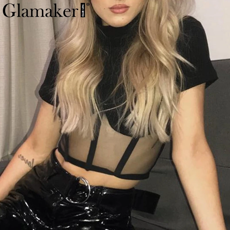 Glamaker черный сексуальный топ футболка сетка прозрачный Повседневный обрезанный женский топ уличная водолазка пэчворк панк-рубашки летняя футболка