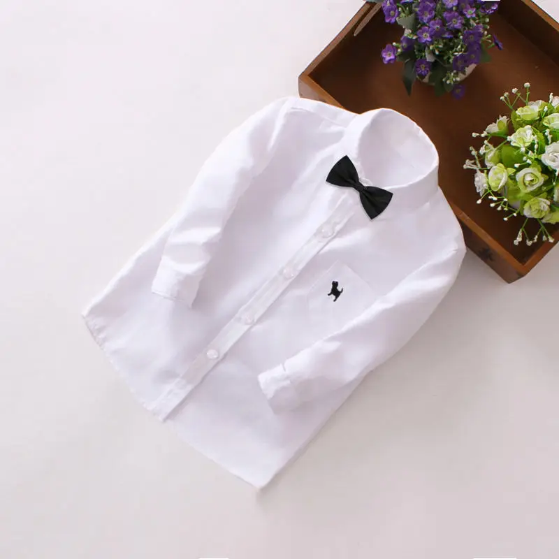 Black Bow Dog Новые модные белые рубашки для маленьких мальчиков осенние хлопковые топы с длинными рукавами, рубашка с отложным воротником для маленьких мальчиков 3, 4, 8, 12 лет, одежда - Color: Black Bow Dog