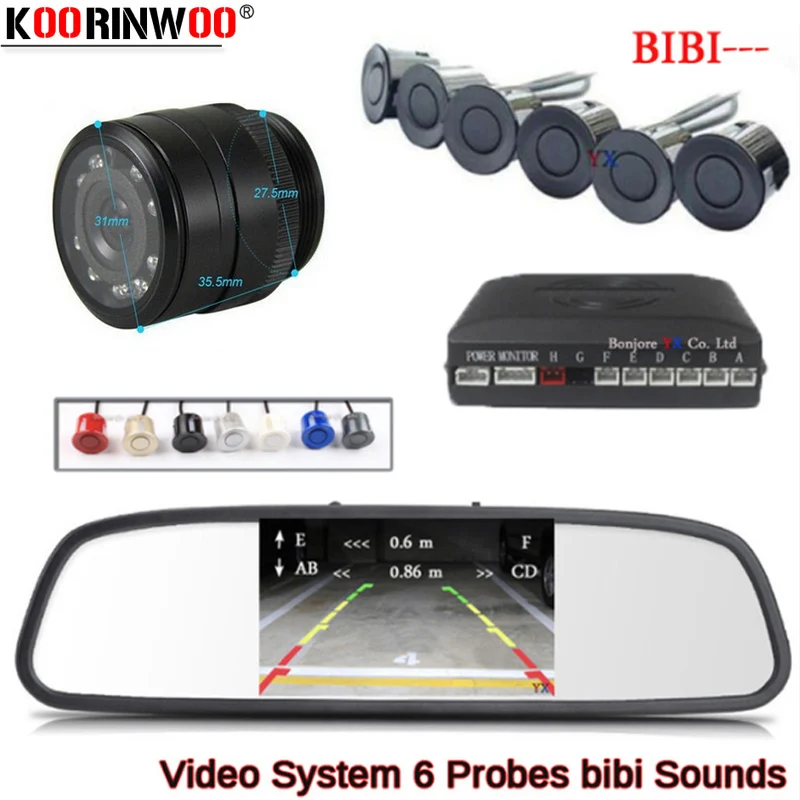 Koorinwoo Electromagnetic Parktonic Car Parking Sensor 6 Monitor Rearview Mirror 10 Light Reverse Camera Detector System | Автомобили и