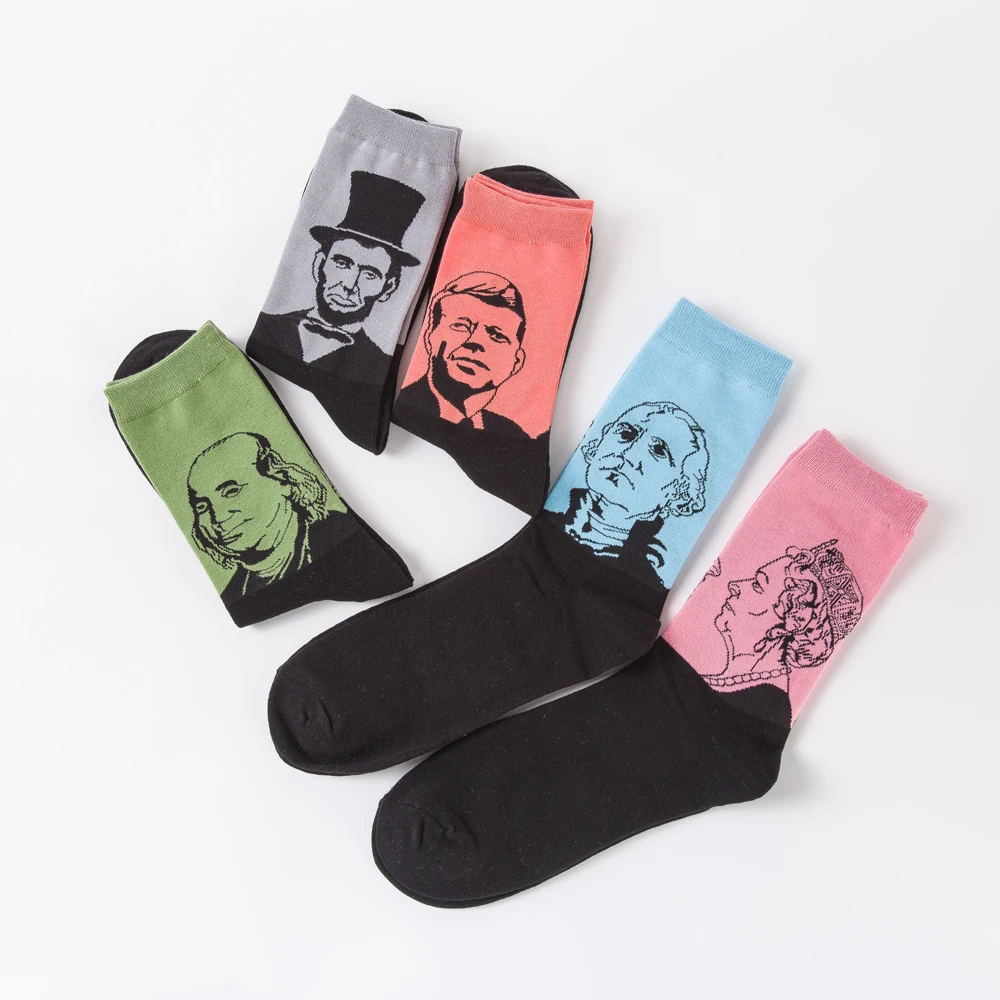 Красочные мужские команды Смешные чесаные хлопковые носки Lincoln, с рисунком Кеннеди, новинка, масляная живопись, свадебные носки, подарки